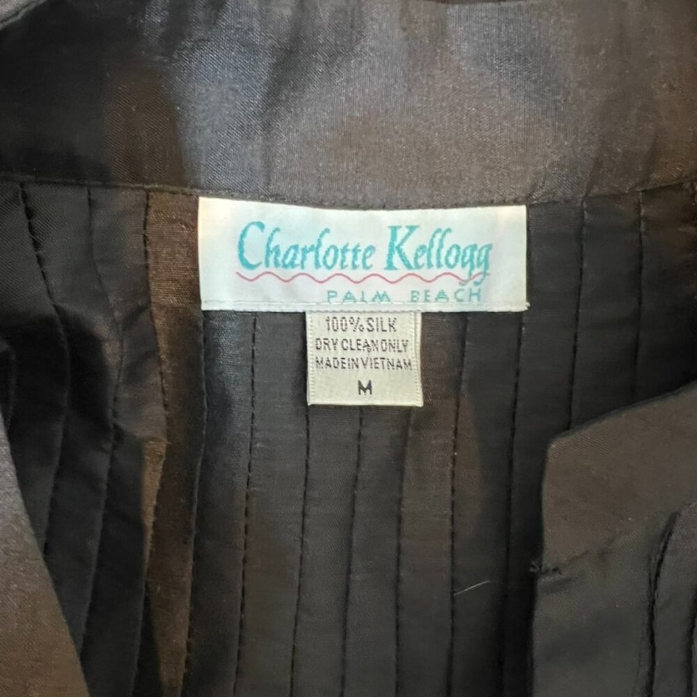 CHARLOTTE KELLOGG Palm Beach Tunic M Button 100% Silk Pin Tuck Black $250 - Picture 3 of 4